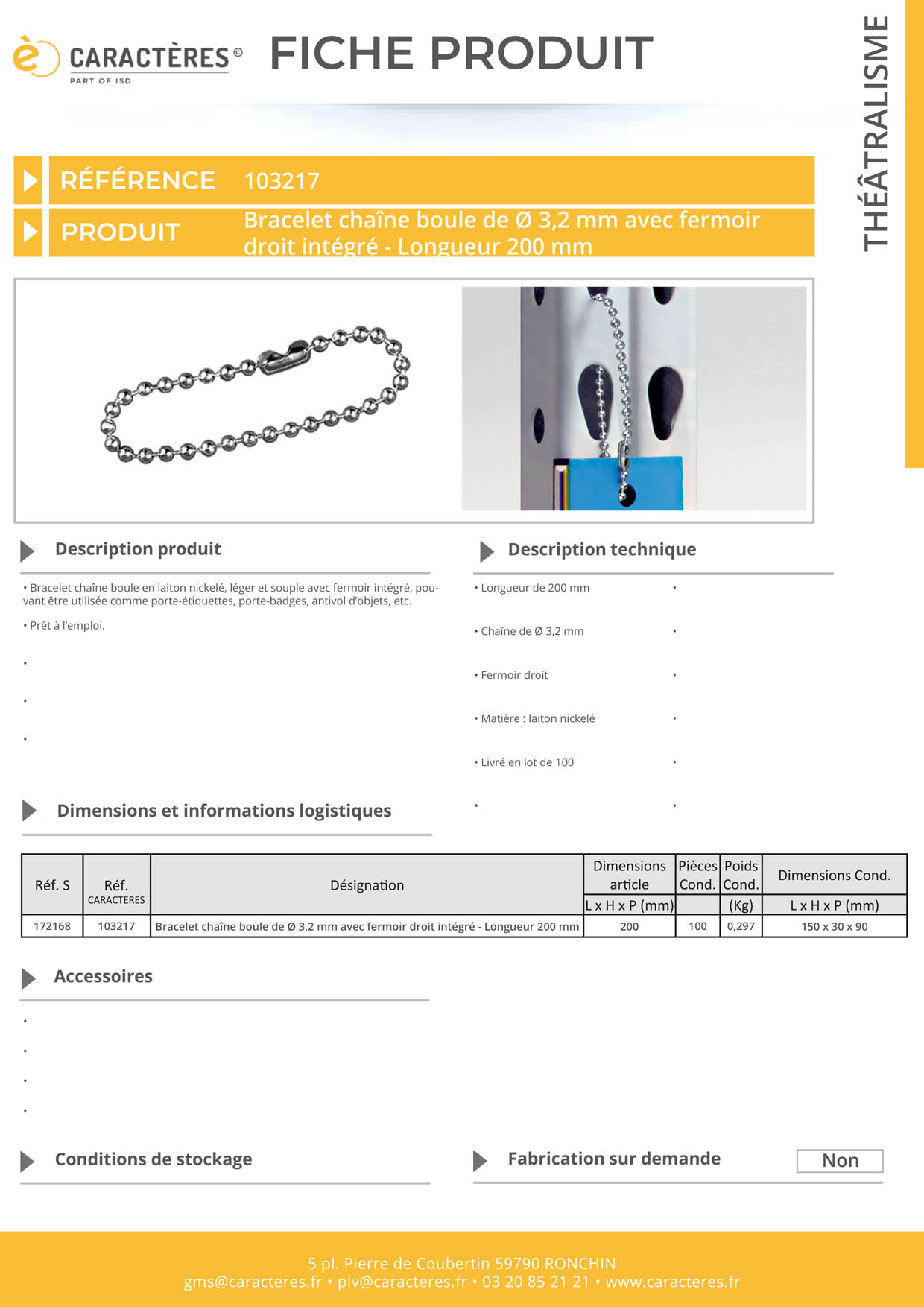 Bracelet chaîne boule de Ø 3.2 mm avec fermoir droit - Longueur 200 mm
