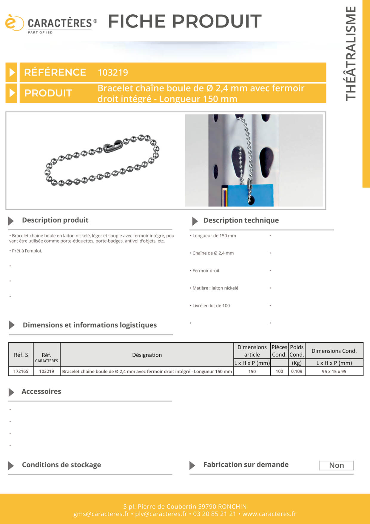 Bracelet chaîne boule de Ø 2.4 mm avec fermoir droit - Longueur 150 mm