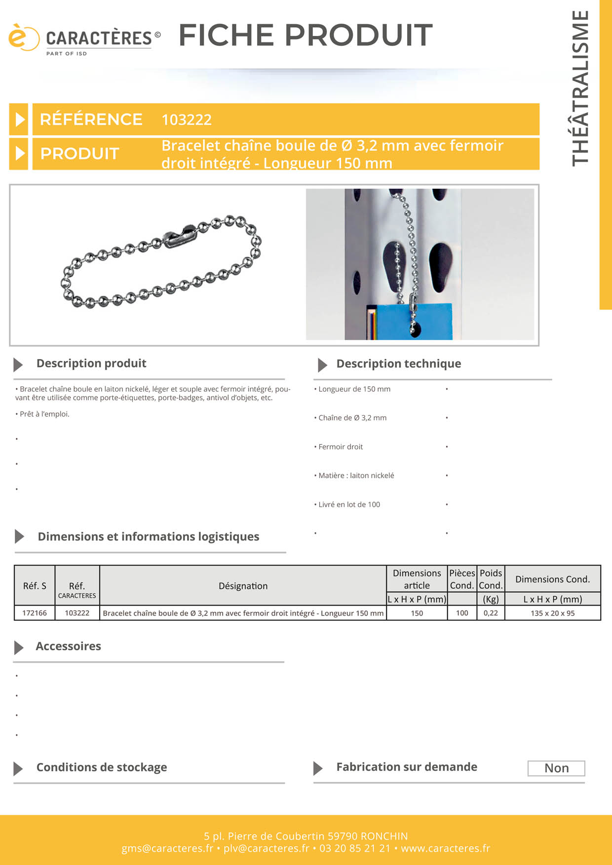 Bracelet chaîne boule de Ø 3.2 mm avec fermoir droit - Longueur 150 mm