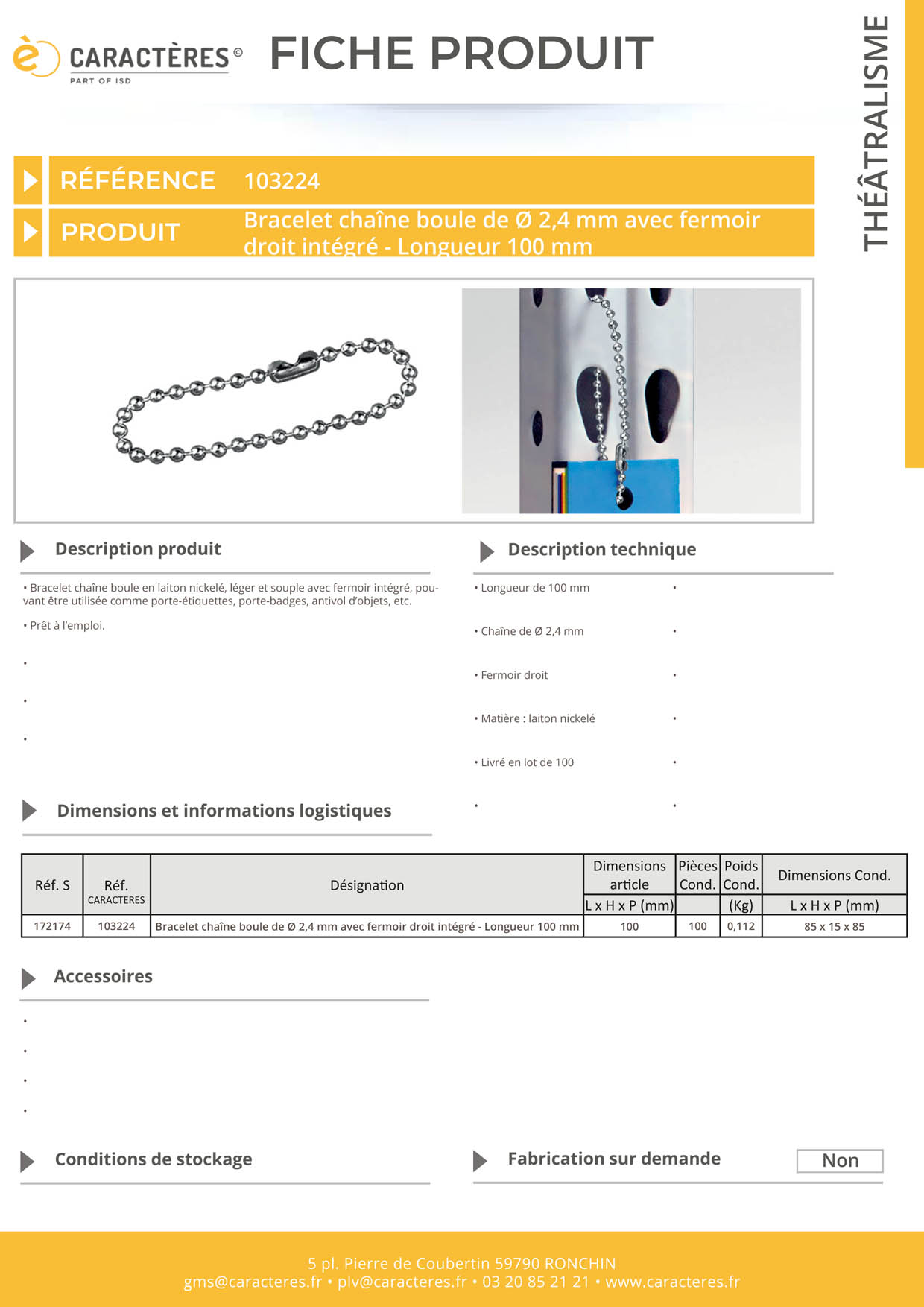 Bracelet chaîne boule de Ø 2.4 mm avec fermoir droit - Longueur 100 mm