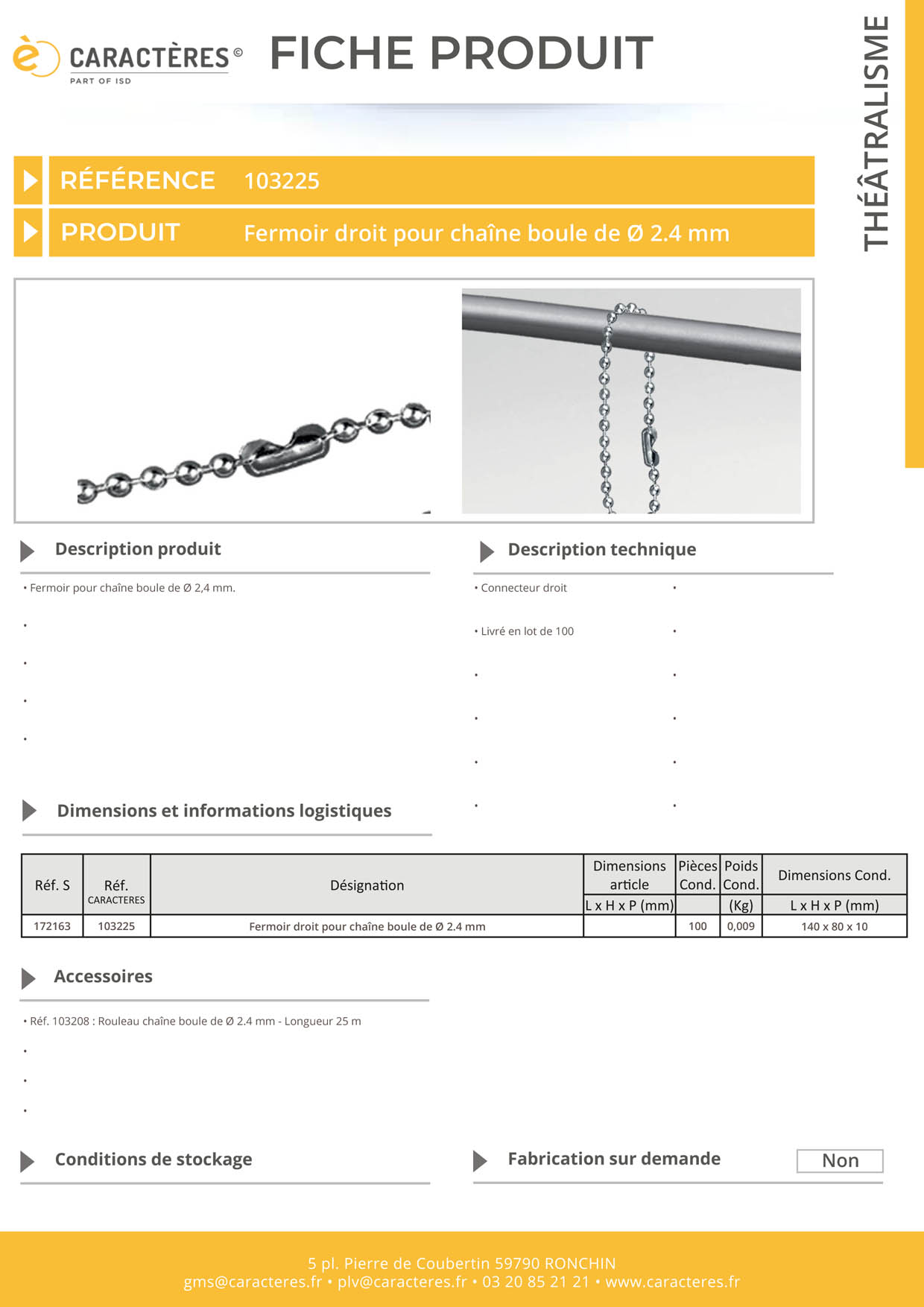 Fermoir droit pour chaîne boule de Ø 2.4 mm