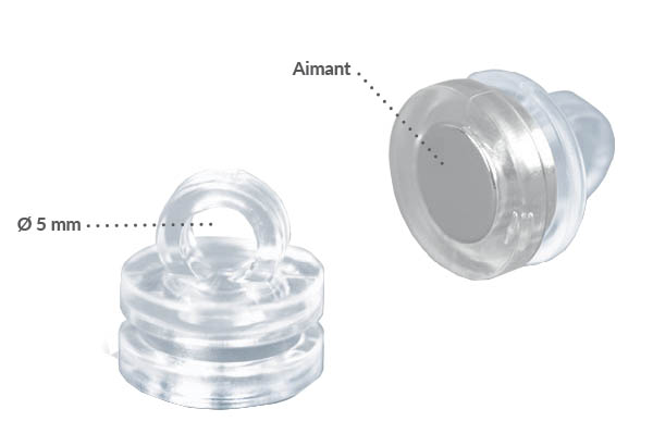 Petit aimant rond transparent avec crochet - Ø de 16 mm et force de 1 kg