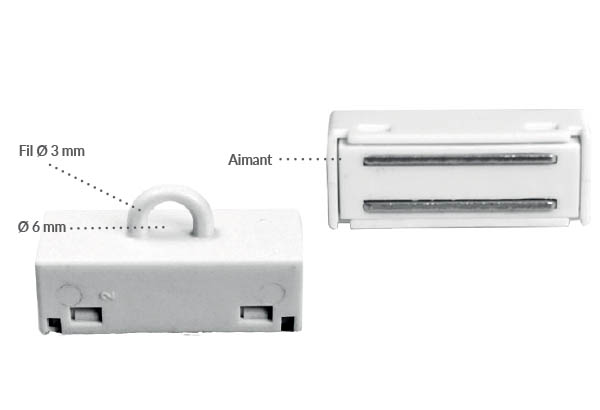 Aimant rectangulaire blanc avec crochet fermé - 13 x 37 mm et force de 1 kg