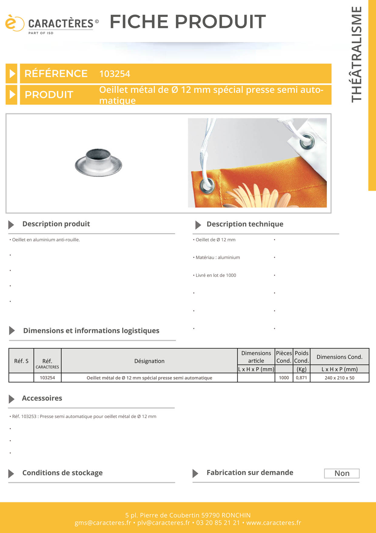 Oeillet métal de Ø 12 mm spécial presse semi automatique