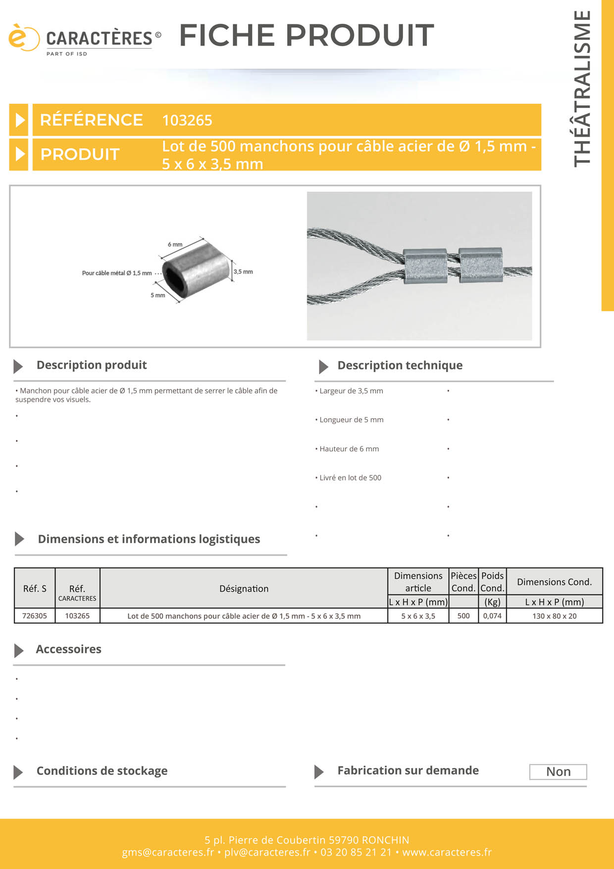 Lot de 500 manchons pour câble acier de Ø 1,5 mm - 5 x 6 x 3,5 mm
