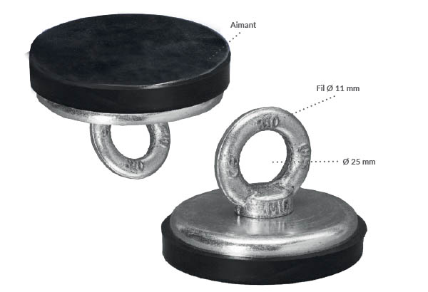 Aimant rond en métal avec crochet fermé - Ø de 80 mm et force de 60 kg