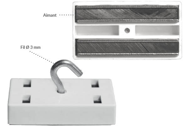 Aimant rectangulaire blanc avec crochet ouvert en métal - 53 x 28 mm et force de 15 kg