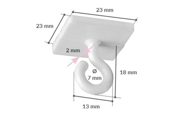 Crochet ouvert en PVC blanc avec base adhésive carrée de 23 x 23 mm