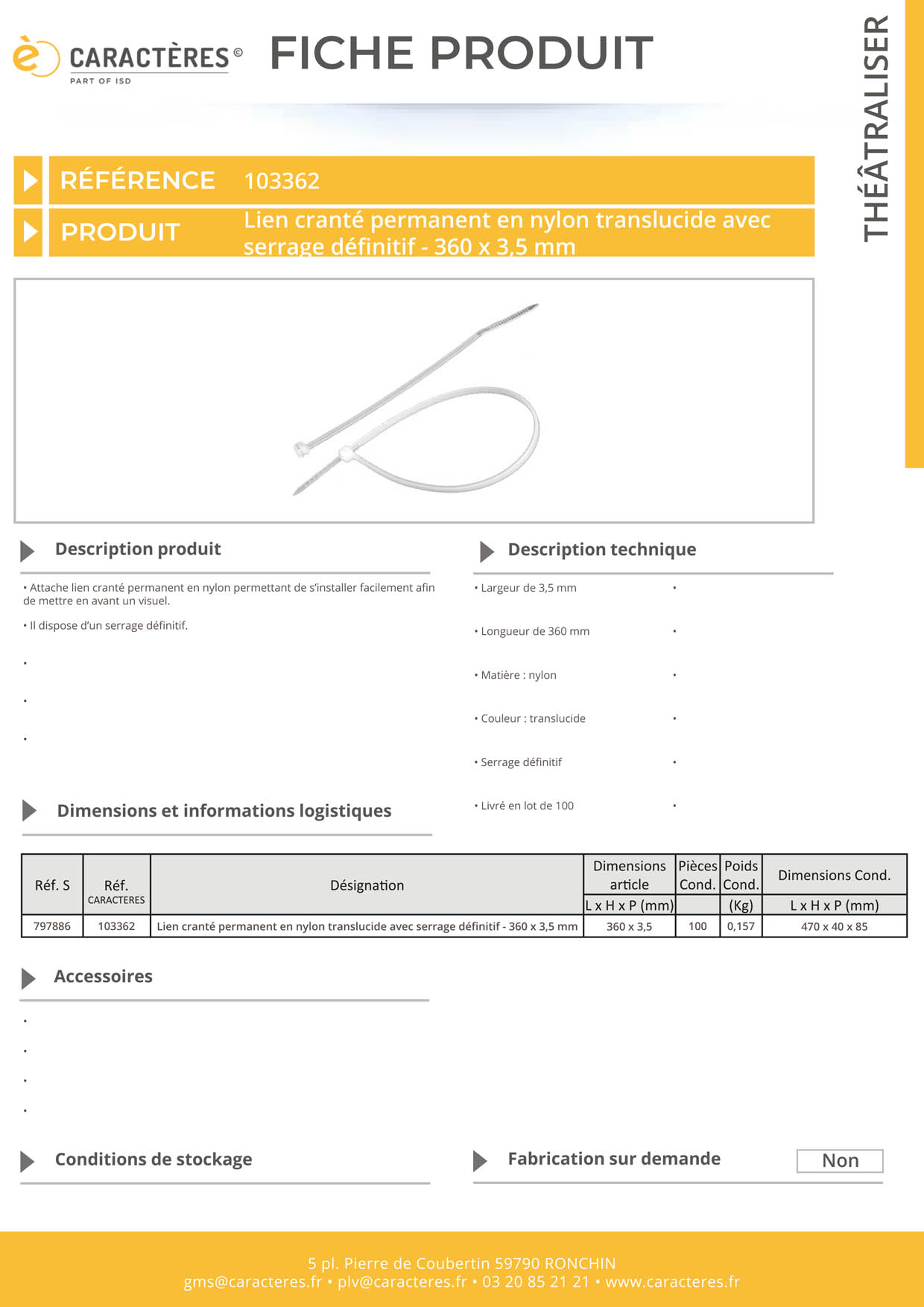Lien cranté en nylon translucide avec serrage définitif - 360 x 3.5 mm