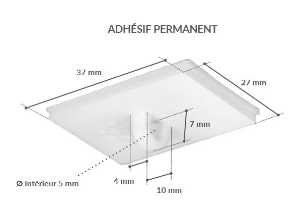 Crochet fermé en PVC blanc avec base adhésive rectangle de 27 x 37 mm - Injecté