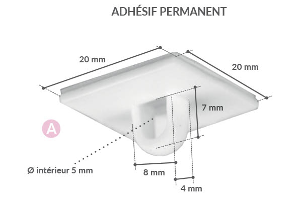 Crochet fermé en PVC blanc avec base adhésive carrée de 20 x 20 mm - Injecté
