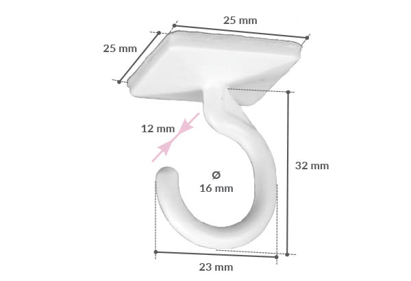 Crochet ouvert en PVC blanc avec base adhésive carrée de 25 x 25 mm
