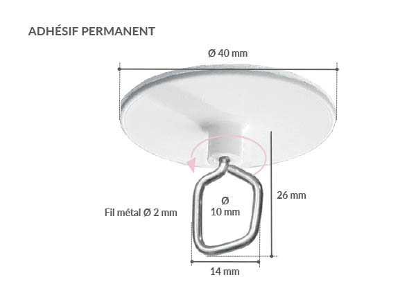 Crochet fermé rotatif en métal avec base adhésive ronde de Ø 40 mm