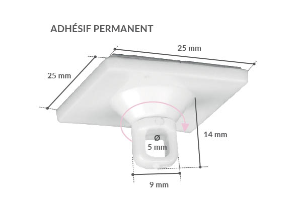 Crochet fermé rotatif en PVC blanc avec base adhésive carrée de 25 x 25 mm