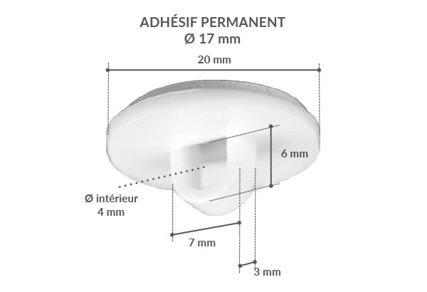 Crochet fermé en PVC blanc avec base adhésive ronde de Ø 20 mm - Injecté