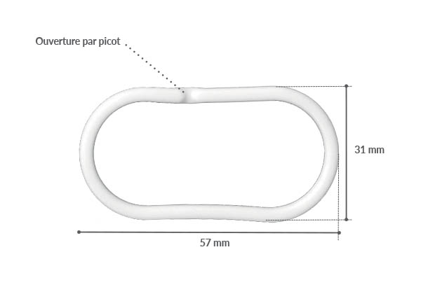 Anneau ovale avec fil PVC blanc de Ø 3 mm - Hauteur 57 mm