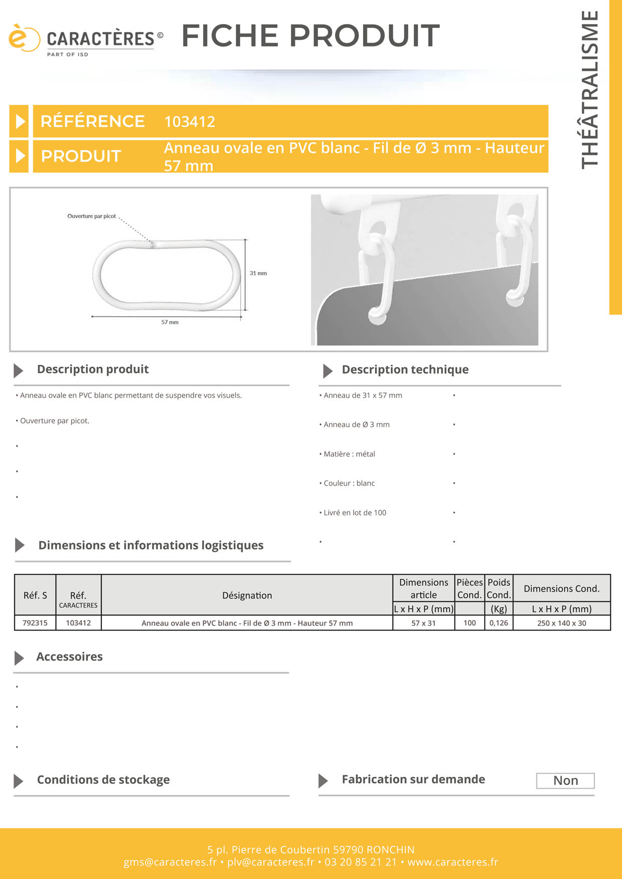 Anneau ovale en PVC blanc - Fil de Ø 3 mm - Hauteur 57 mm