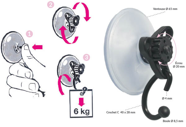 Ventouse puissante de Ø 65 mm avec vis noire
