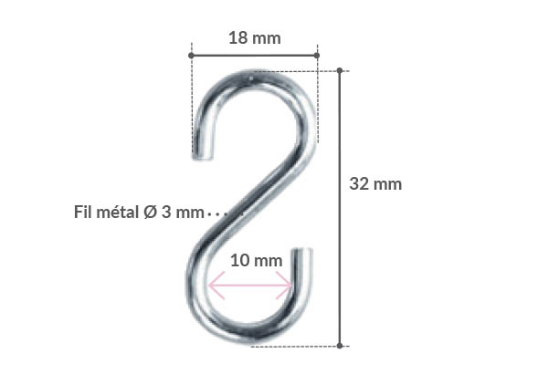 Crochet S en métal - Fil de Ø 3 mm - Hauteur 32 mm