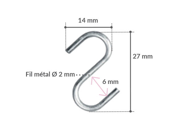 Crochet S en métal - Fil de Ø 2 mm - Hauteur 27 mm