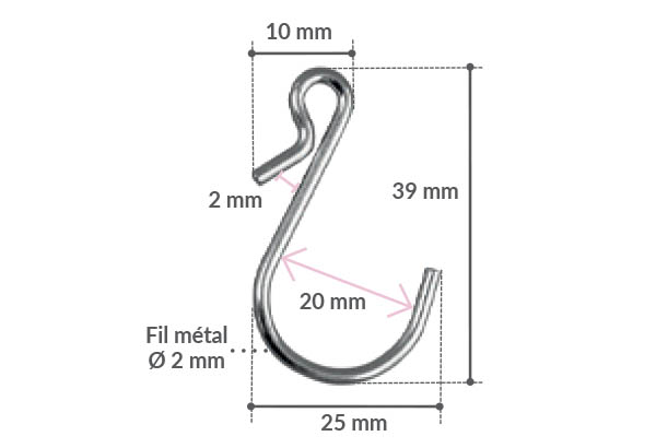 Crochet en "S" asymétrique avec fil métal de Ø 2 mm - Hauteur 39 mm