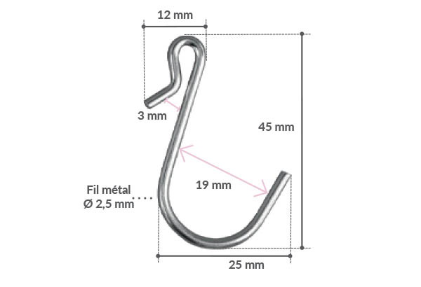 Crochet en "S" asymétrique avec fil métal de Ø 2,5 mm - Hauteur 45 mm