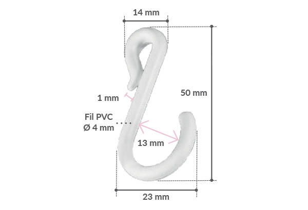 Crochet en "S" asymétrique avec fil PVC blanc de Ø 4 mm - Hauteur 50 mm