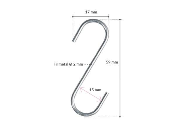 Crochet S en métal - Fil de Ø 2 mm - Hauteur 59 mm