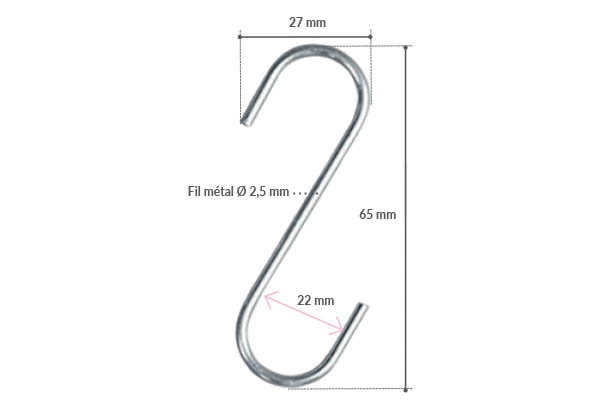 Crochet en "S" avec fil métal de Ø 2,5 mm - Hauteur 65 mm