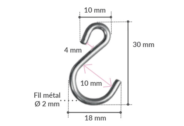 Crochet S asymétrique en métal - Fil de Ø 2 mm - Hauteur 30 mm