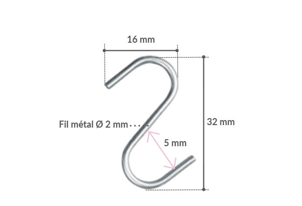 Crochet S en métal - Fil de Ø 2 mm - Hauteur 32 mm