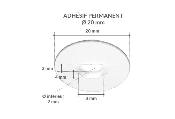 Crochet fermé en PVC blanc avec base adhésive ronde de Ø 20 mm - Platine