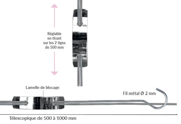 Tige double crochet télescopique en métal - De 500 à 1000 mm