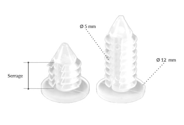 Rivet sapin clip de Ø 12 mm translucide avec serrage permanent de 14 mm