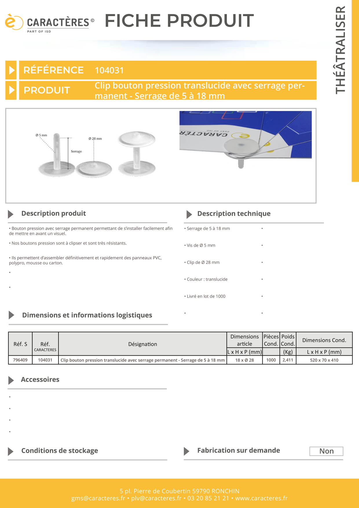 Bouton pression clip de Ø 28 mm translucide avec serrage permanent de 5 à 18 mm