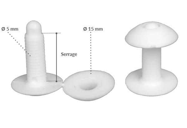 Bouton pression clip de Ø 15 mm blanc avec serrage permanent de 5 à 12 mm