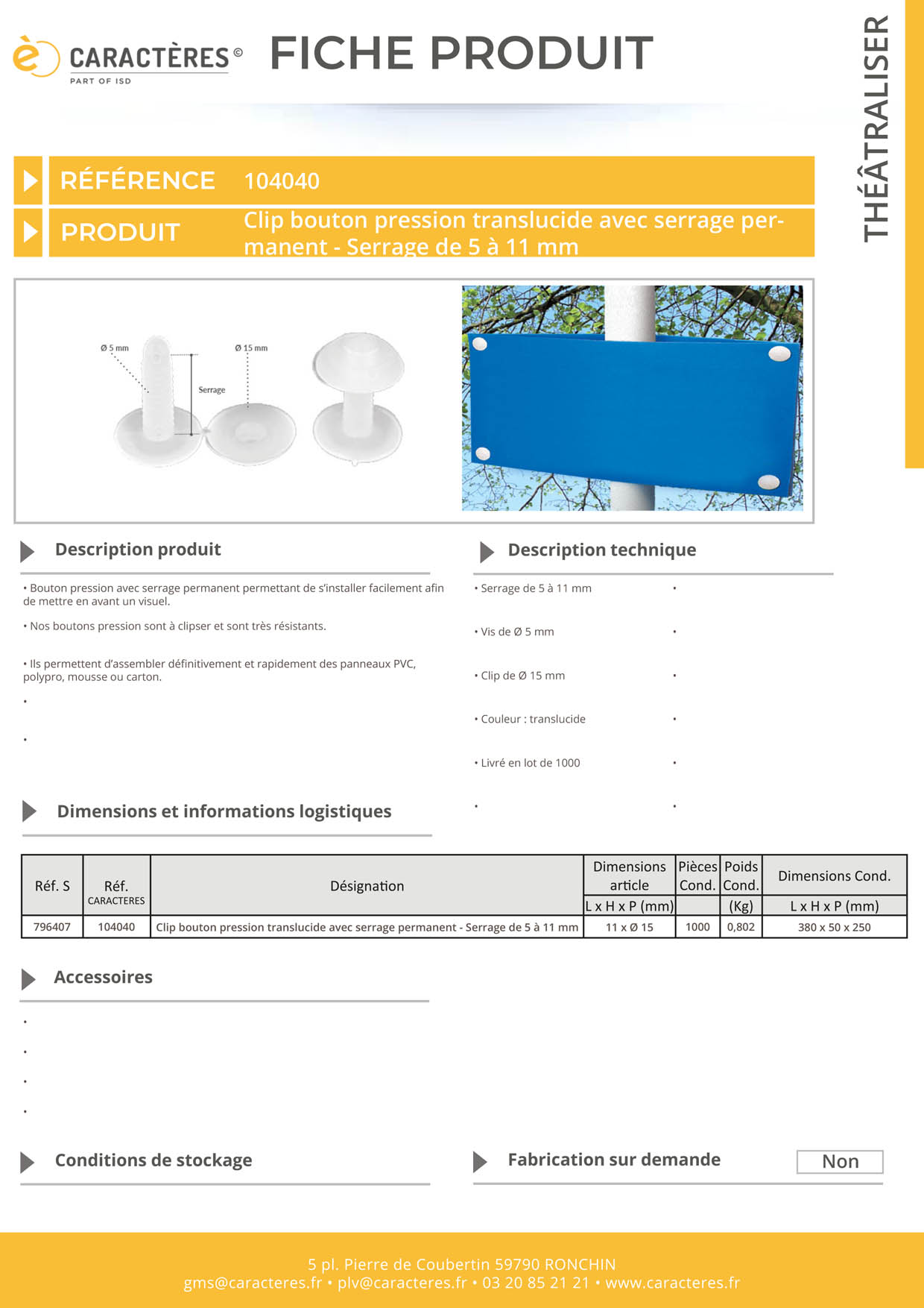 Bouton pression clip de Ø 15 mm translucide avec serrage permanent de 5 à 11 mm