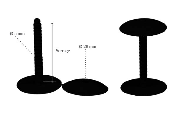 Bouton pression clip de Ø 28 mm noir avec serrage permanent de 5 à 39 mm