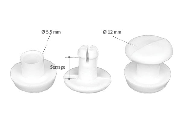 Rivet pression clip de Ø 12 mm blanc avec serrage permanent de 5 mm