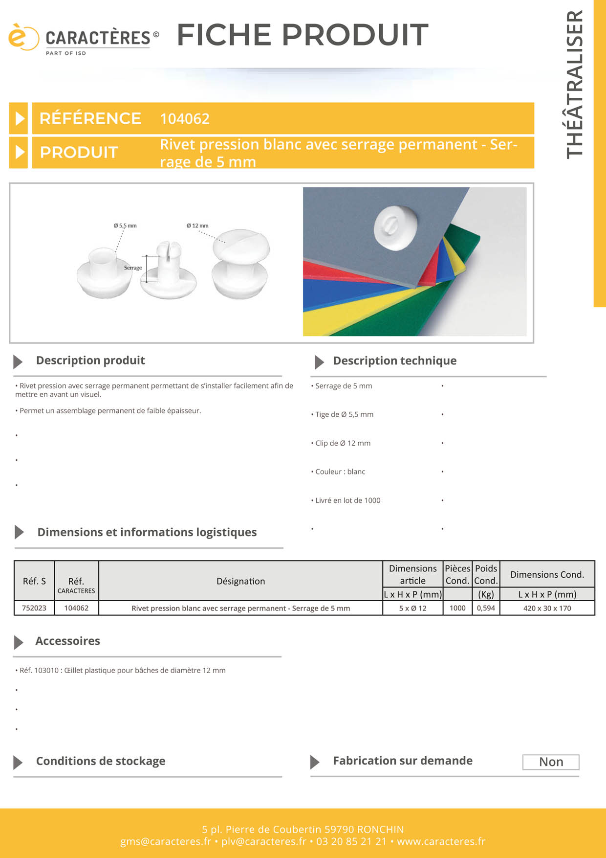 Rivet pression clip de Ø 12 mm blanc avec serrage permanent de 5 mm