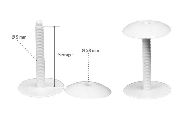 Bouton pression clip de Ø 28 mm blanc avec serrage permanent de 5 à 23 mm