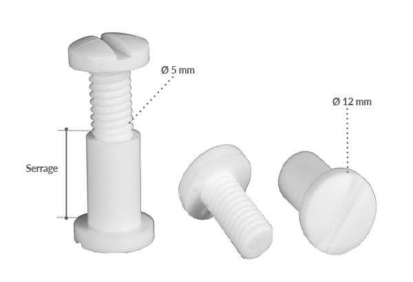 Vis de reliure de Ø 5 mm en plastique blanc avec serrage non permanent de 10 mm