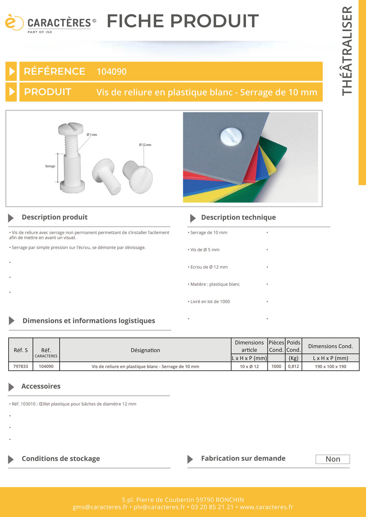 Vis de reliure de Ø 5 mm en plastique blanc avec serrage non permanent de 10 mm