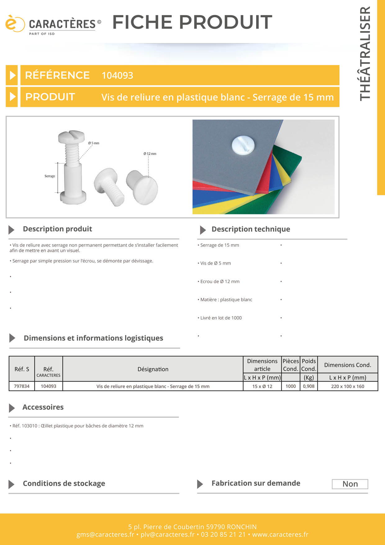 Vis de reliure de Ø 5 mm en plastique blanc avec serrage non permanent de 15 mm
