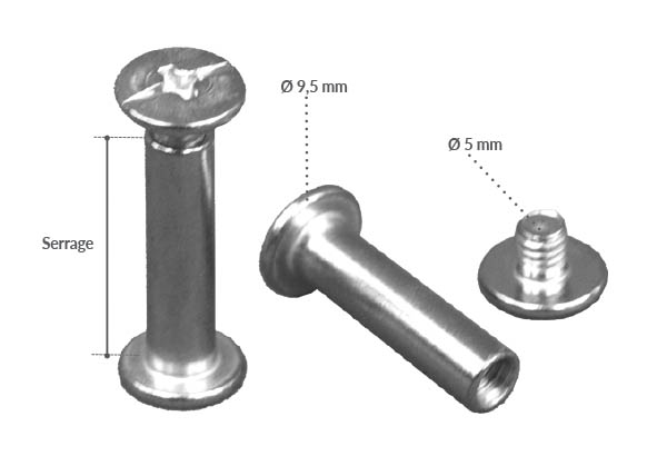 Vis de reliure de Ø 5 mm en métal argenté avec serrage non permanent de 5 mm