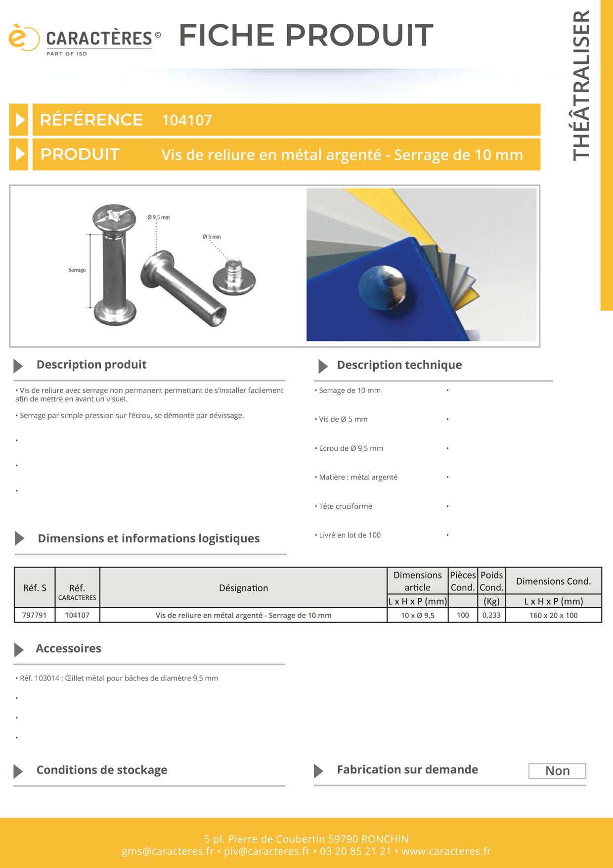 Vis de reliure de Ø 5 mm en métal argenté avec serrage non permanent de 10 mm