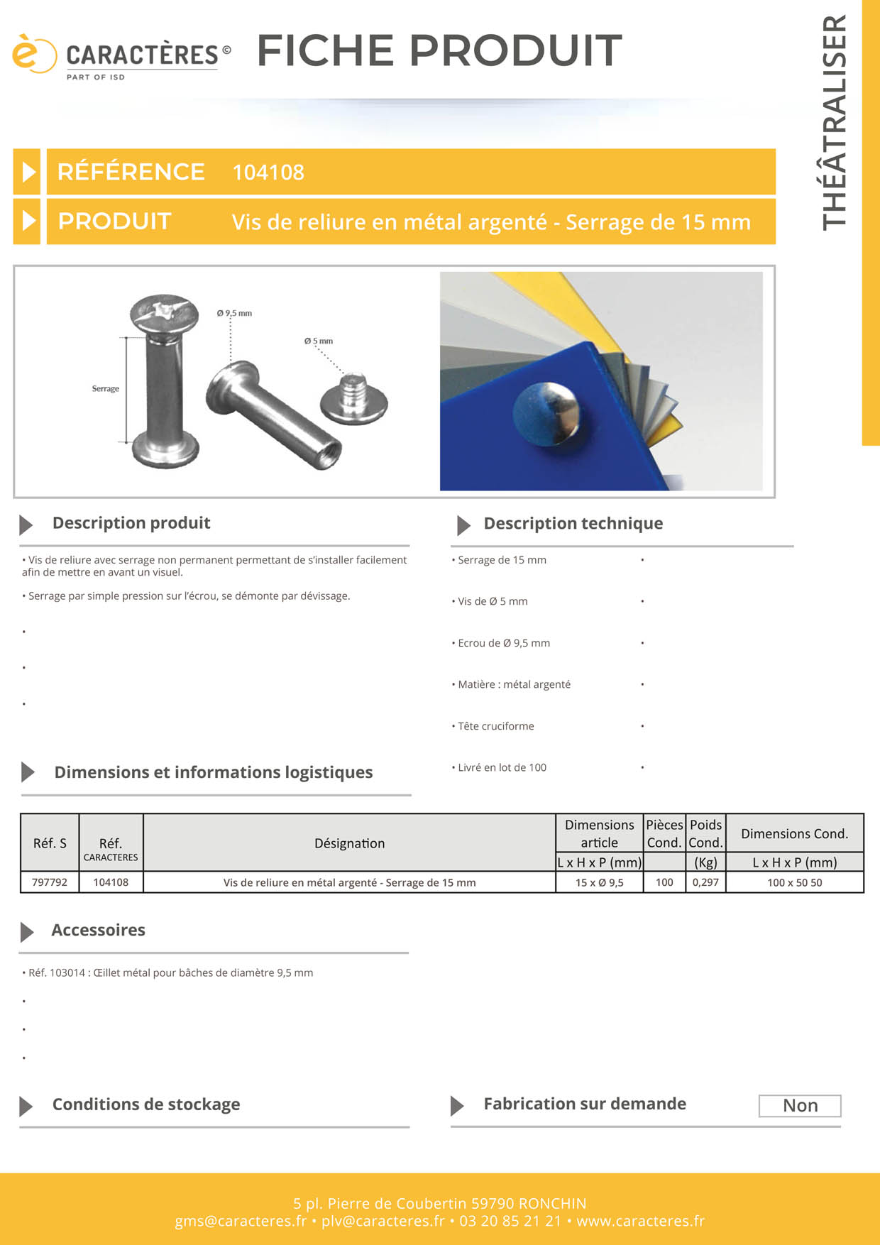 Vis de reliure de Ø 5 mm en métal argenté avec serrage non permanent de 15 mm