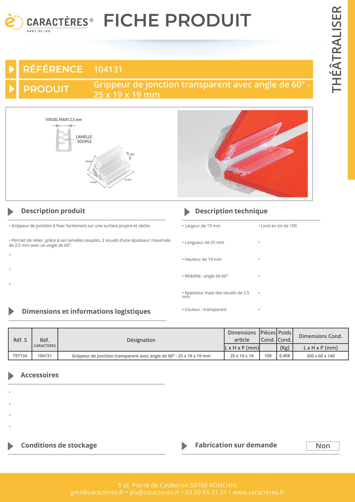 Grip de jonction - Relie 2 visuels de 2.5 mm d'épaisseur + angle 60° - 25 x 19 x 19 mm