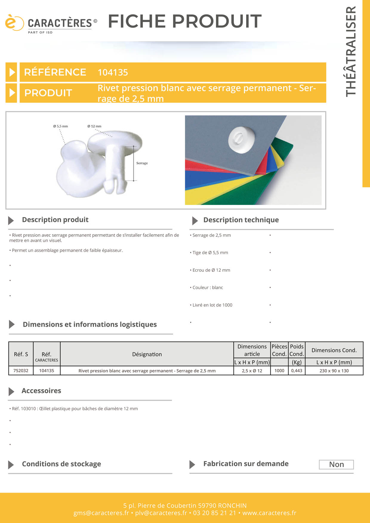 Rivet pression écrou de Ø 12 mm blanc avec serrage permanent de 2,5 mm