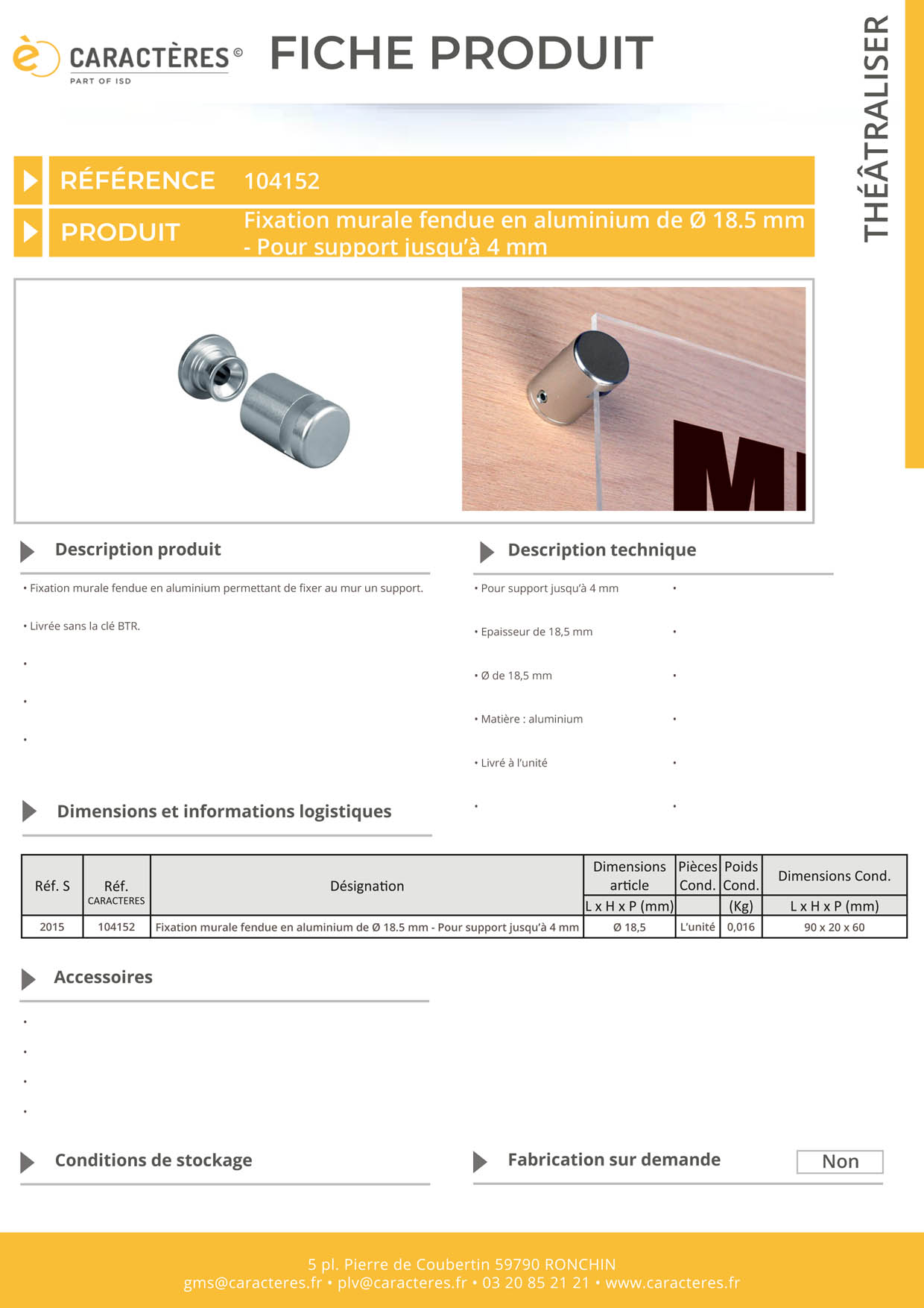 Fixation murale fendue en aluminium de Ø 18.5 mm - Pour support jusqu'à 4 mm